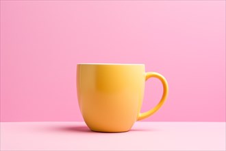 Single yellow mug on pink studio background. KI generiert, generiert AI generated