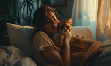 A woman cuddling with her cat on a bed in warm lighting AI generated