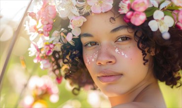 Youthful woman amongst cherry blossoms with a soft, sunny ambiance AI generated