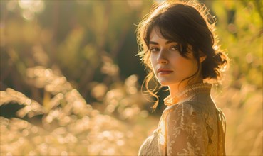 Woman bathed in golden hour light, looking serene in a dreamy field setting AI generated