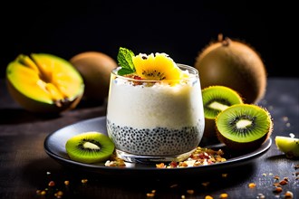 Chia seed pudding with distinct layers of mango puree garnished with a scattering of coconut