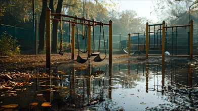 Abandoned playground partially submerged in water due to an overflowing, AI generated