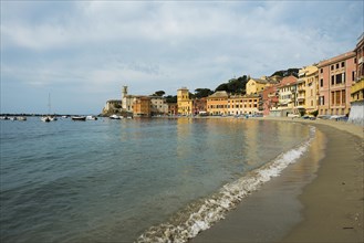 Village with beach and colourful houses by the sea, Baia del Silenzio, Sestri Levante, Province of
