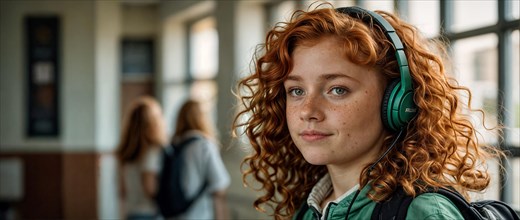 Red-haired young girl with frekles using headphones stands in a school corridor, gazing into the