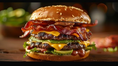 Gourmet triple cheeseburger with bacon, cheese, avocado, and lettuce on a sesame bun, ai generated,