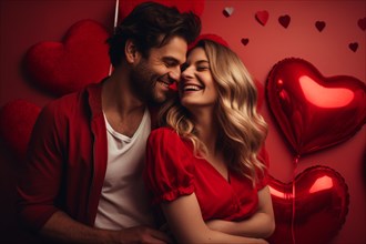 Romantic couple in love with red heart shaped Valentine balloons in background. KI generiert,