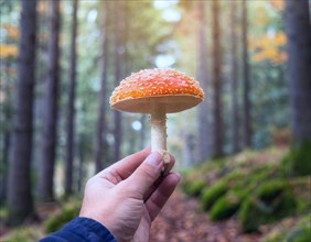 A hand holds a toadstool in an autumnal forest with rays of light falling on it, AI generated, AI