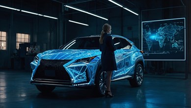 Female professional analyzing a holographic projection of a high-tech car in a design studio, AI