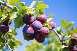 Plum fruits on tree with blue summer sky in background. KI generiert, generiert AI generated