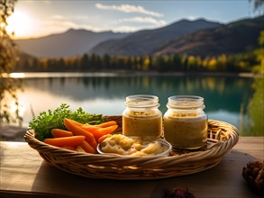 Homemade hummus in glass jars carrot sticks arranged inside a woven basket, AI generated