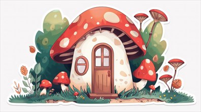 Flat style cartoon illustration of a red mushroom house with a wooden doorway and surrounding
