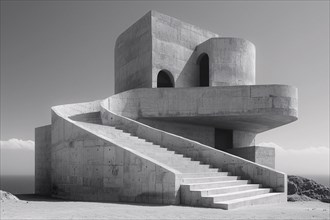 Monochrome image of a modern geometric concrete structure with stairs, AI generated