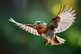 European robin perched captured in flight, AI generated