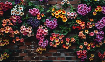 A wall covered in a vibrant array of blooming flowers representing nature in an urban setting AI