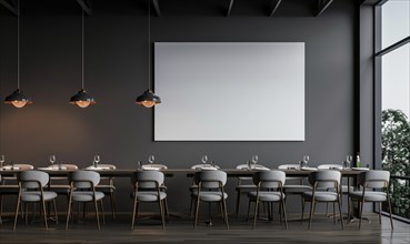 Contemporary dining area with large frame, pendant lights, and monochrome color scheme AI generated