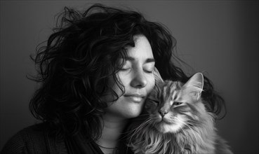 Black and white image capturing a peaceful moment between a woman and her cat AI generated
