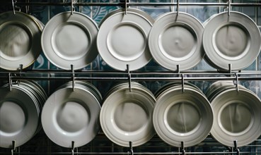 Silver dish rack with neatly hanging white plates featuring circular patterns AI generated