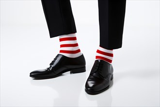 Man's black elegant business shoes with unusual funny red and white striped socks on white