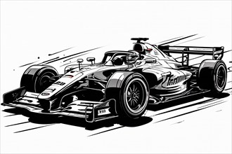 Formula race car, black and white line art, AI generated