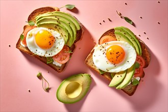 Top view of toast sandwiches with avocado slices and fried egg on pink background. KI generiert,