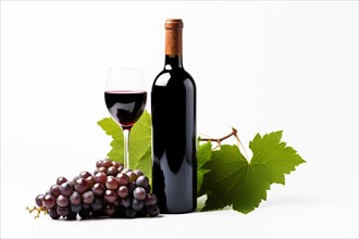 Bottle and glass of red wine with grapes on white background. KI generiert, generiert AI generated