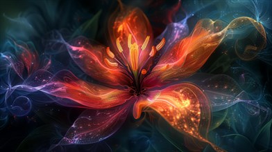 Vibrant digital art of an abstract glowing flower with a smoke effect, ai generated, AI generated