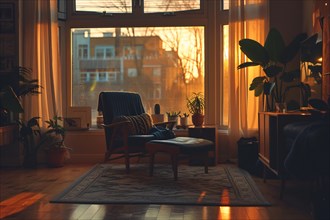 Serene urban apartment during sunrise with a chair and houseplants basking in the golden light, AI
