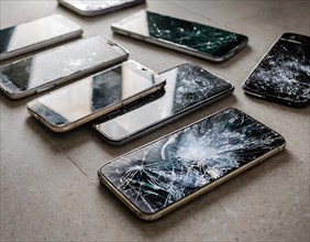 Some smartphones with heavily chipped displays on a smooth surface, AI generated, AI generated