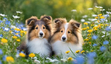 KI generated, Two long-haired collies lying in a colourful flower meadow, (Canis lupus familiaris),