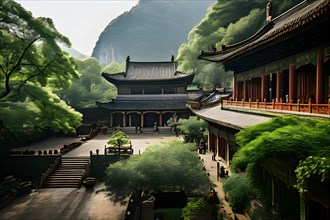 Shaolin monastery enveloped by verdant foliage panoramic perspective, AI generated