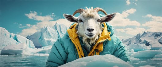 Goat dressed in a yellow puffer jacket amongst icebergs, evoking a whimsical feel, alone isolated