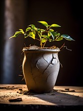 Flourishing green plant bursting with vitality from within a cracked clay pot emulating resilience,