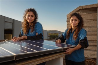 Two women installing solar panels on a rooftop, showcasing teamwork, climate change agenda concept,