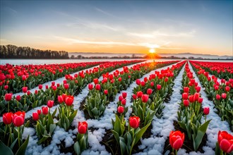 Tulip field on a frosty morning each flower embraced by a thin layer, AI generated