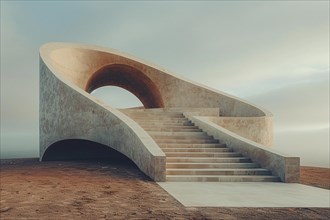 Sleek, beige curving structure on a foggy landscape, giving off a serene morning vibe, AI generated