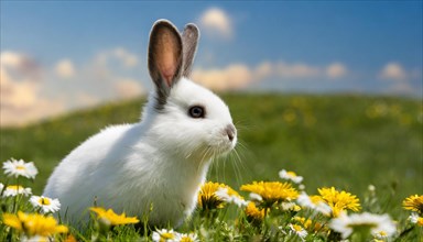 KI generated, A white dwarf rabbit in a meadow with white and yellow flowers, spring, side view,