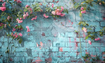 Teal-painted brick wall adorned with whimsical pink roses and vines AI generated