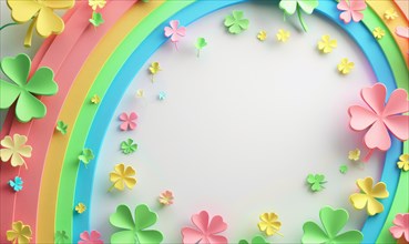 Colorful paper art clovers arranged around a pastel rainbow, showcasing a playful, creative vibe AI