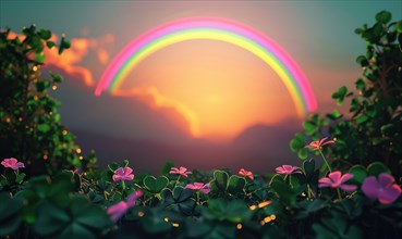 Serene twilight scene with a rainbow over clover and flowers AI generated