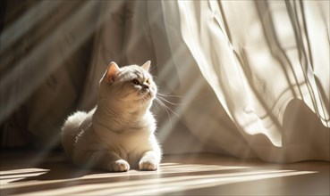 Peaceful image of a cat in the shadows with a sunbeam highlighting its contemplation AI generated
