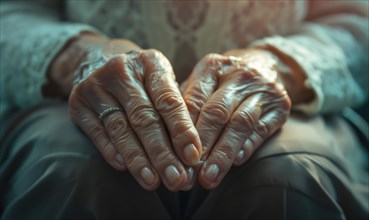 Close-up of an elderly person's clasped hands revealing life's wear and wisdom AI generated