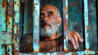 An elderly man with a grey beard and short hair stands in a prison cell and looks through the bars