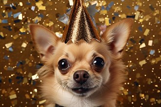 Portrait of Chihuahua dog with golden birthday or new year party hat with confetti. KI generiert,