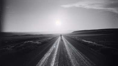 A lone person standing on a long road towards the horizon with the sun setting ahead, AI generated