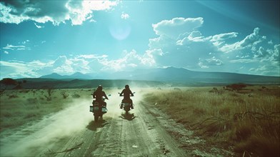 Two motorcycle riders embark on an adventure down a dirt road in a sunny grassland, AI generated