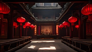 Shaolin temple interior with red lanterns, AI generated