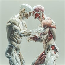 Two skeletons with muscle representation face each other in a confrontation pose, AI generated, AI