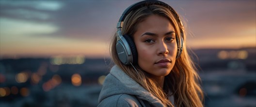 Focused caucasian blonde woman with headphones wearing a hoodie against a city backdrop at dusk,