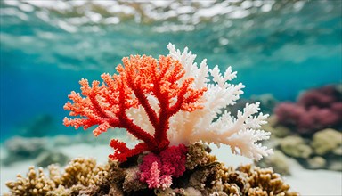AI generated, red and white corals in the sea, polyps, small marine animals