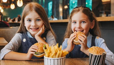 KI generated, nTwo little girls enjoy their fast food, French fries, hamburgers